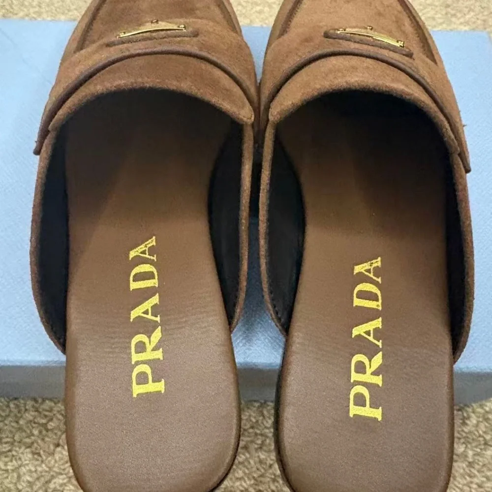 Prada Brown Suede Backless Loafers with Gold Logo - Picture 6 of 9